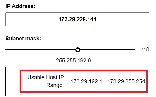 This image demonstrates calculating the usable host range of 173.29.229.144/18 by calcip.com.
