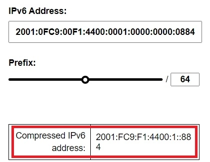 This image demonstrates compressing an IPv6 address 2001:0FC9:00F1:4400:0001:0000:0000:0884 by calcip.com.
