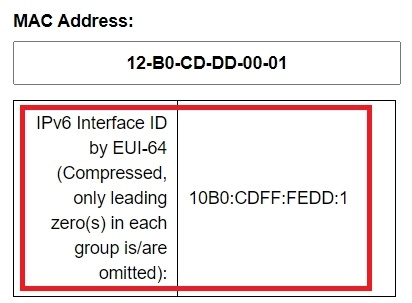 This image demonstrates calculating the IPv6 interface ID of 12-B0-CD-DD-00-01 by calcip.com.