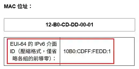 此圖片展示如何使用 calcip.com 計算 12-B0-CD-DD-00-01 的 IPv6 介面 ID。